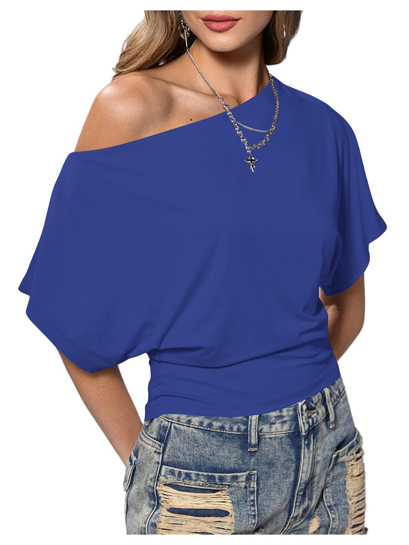 SweatyRocks Womens Off Shoulder Ruffled Dolman Short Sleeve Trendy Casual T-Shir