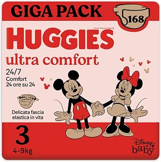 Huggies Ultra Comfort/Little Movers Diapers Size 3 (4-9 kg), Ultra Absorbent, Full Protection, 168 Count
