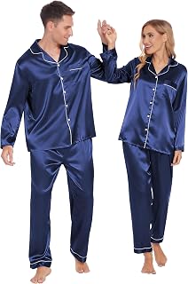Ekouaer Couples Matching Pajamas Silk Long Sleeve Satin Soft Button Down Loungewear S-XXL Women - Navy Blue M