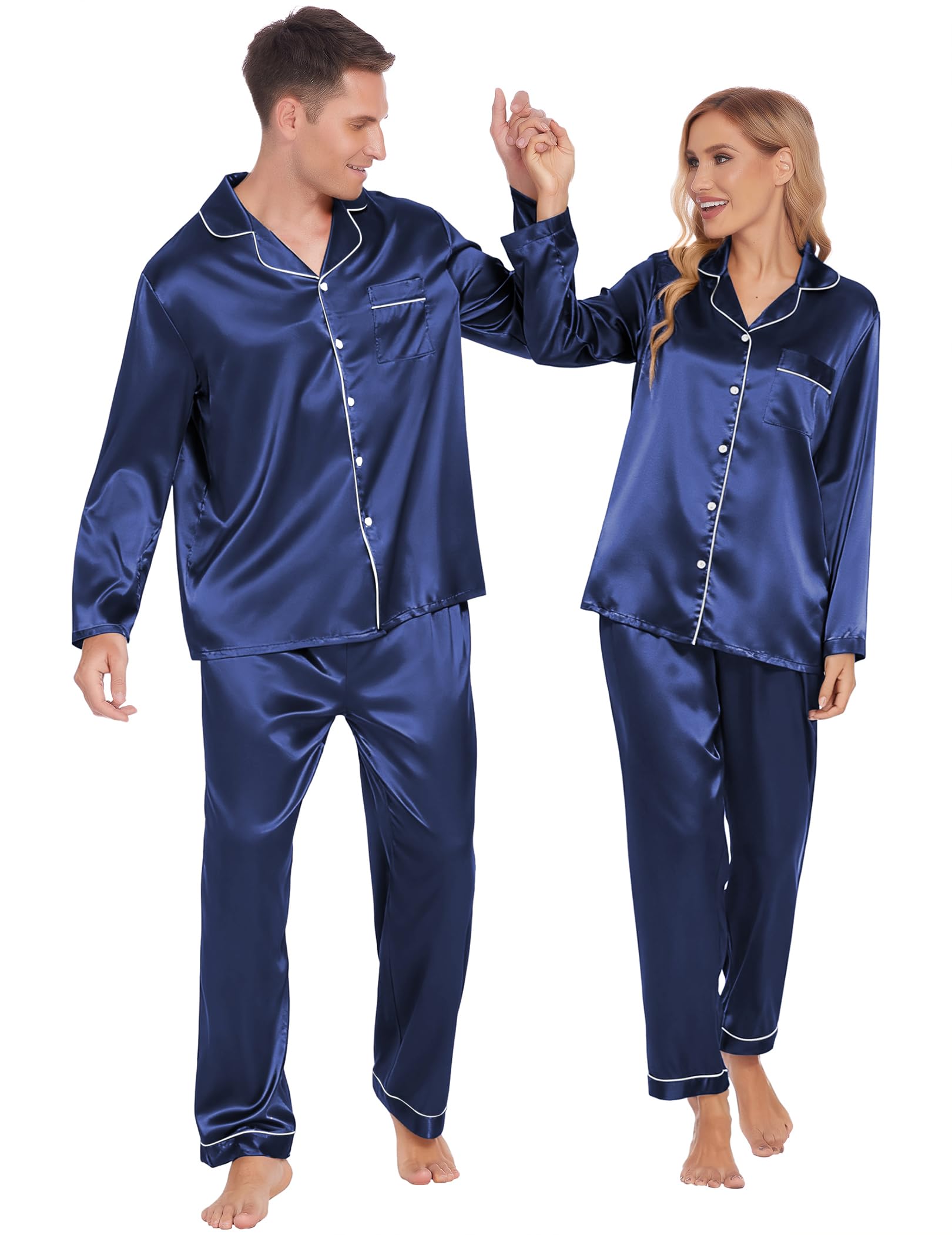 Ekouaer Couples Matching Pajamas Silk Long Sleeve Satin Soft Button Down Loungew