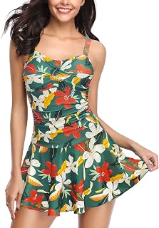 SHEKINI Women's 1 Piece Swimsuit with Skirt Vintage Ruched Abdominal Control Padded Swimwear One Piece Beach Dress Swimsuit