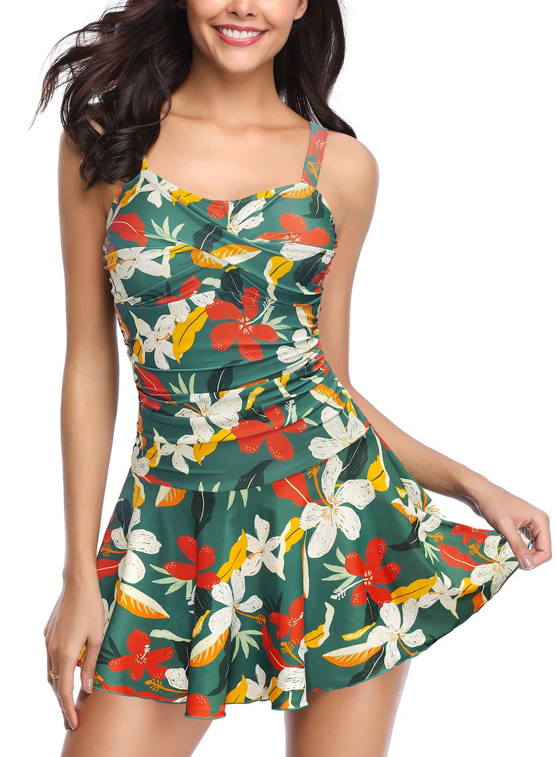 SHEKINI Women's 1 Piece Swimsuit with Skirt Vintage Ruched Abdominal Control Pad