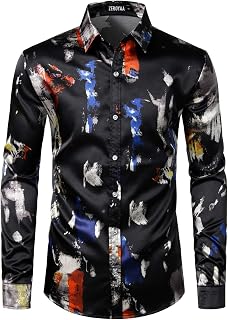 ZEROYAA Men's Printed Design Satin Button Up Dress Shirt