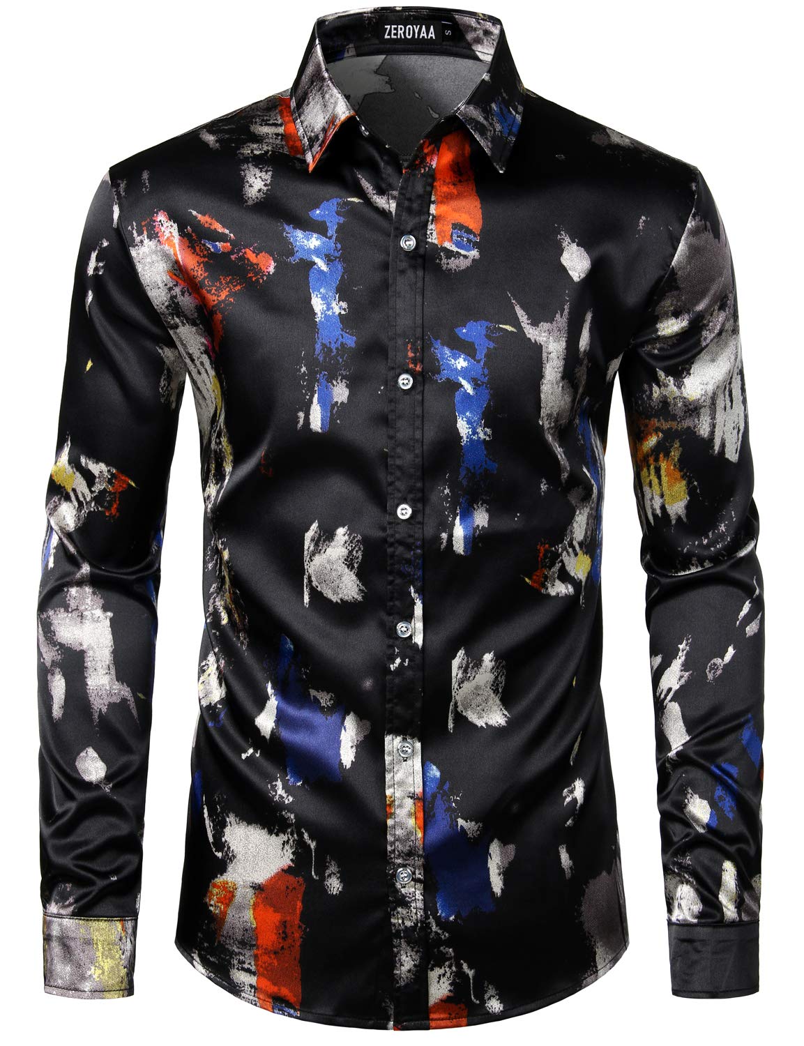 ZEROYAA Men's Printed Design Satin Button Up Dress Shirt