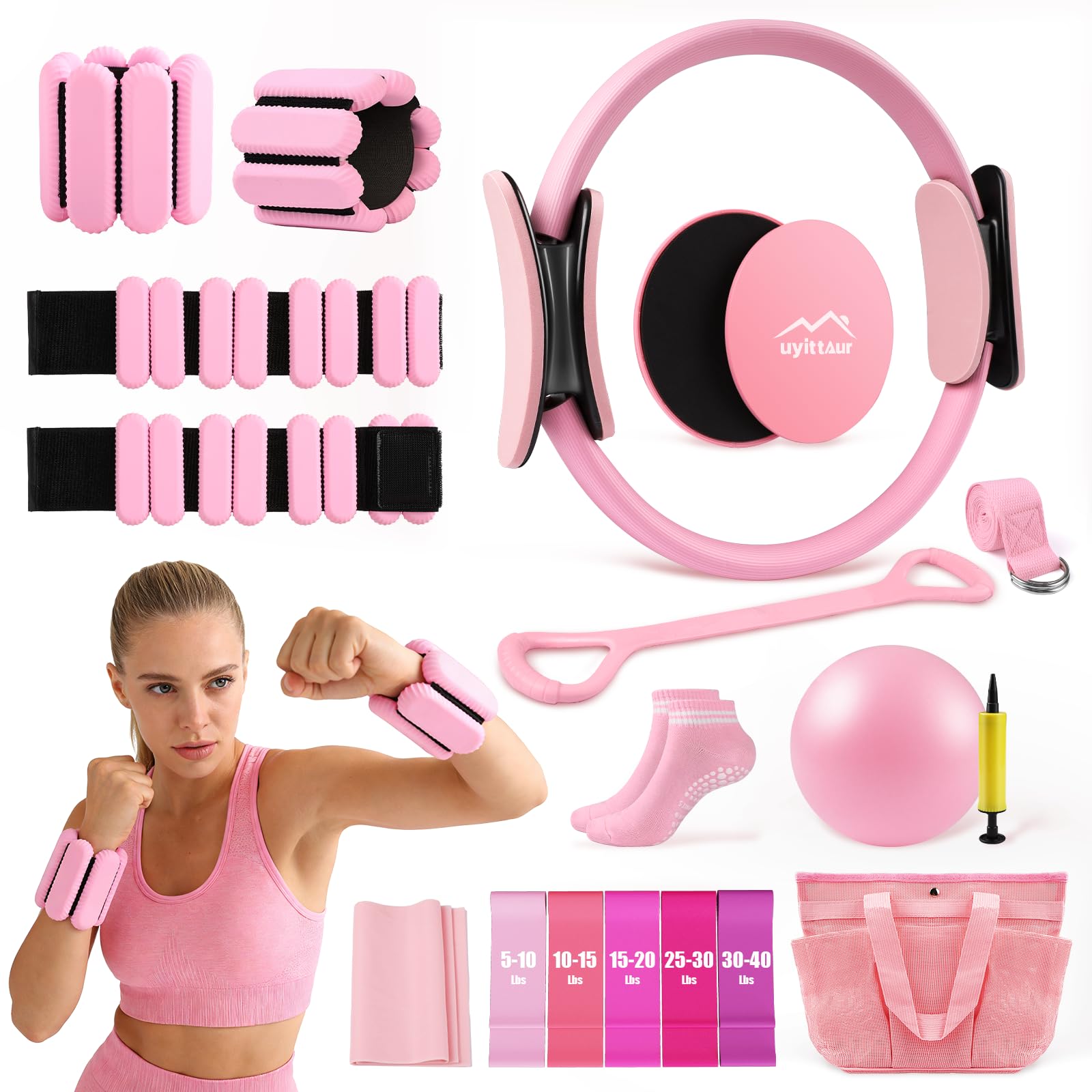 Uyittour 16PCS Pilates Equipment Kit for Home Workouts, Pilates Ring and Ball Se