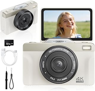 4K Digital Camera for Photography, 2026 Latest 64MP Autofocus WiFi Vlogging Camera for YouTube, 3'' 180° Flip Screen Compact Travel Cameras for Beginners with 16X Zoom, 32GB TF Card, Flash (White)
