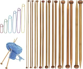 9 Pairs Bamboo Knitting Needles Set with 6 Stitch Holders | 2-10mm Single Point Wooden Knitting Needles, 10in Long for Scarves, Hats, Beginners, Complete Knitting Accessories Kit