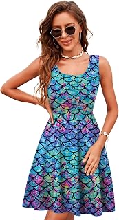 uideazone Women Funny Print Sleeveless U Neck A Line Casual Midi Dress