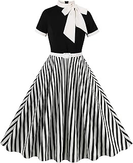 50s Style Dresses for Women Vintage Short Sleeve Tie Collar Swing Dress Midi Prom Dress with Belt