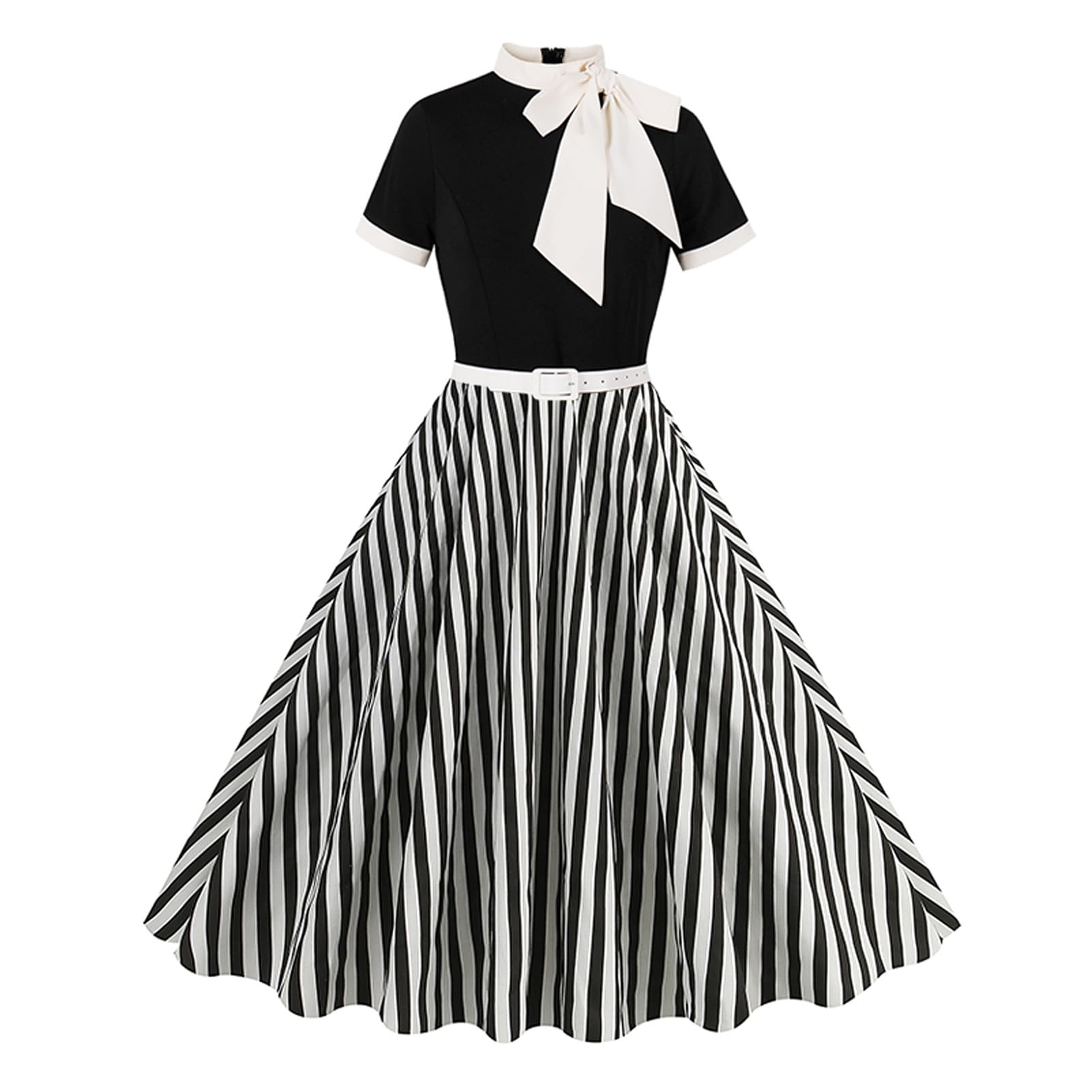 50s Style Dresses for Women Vintage Short Sleeve Tie Collar Swing Dress Midi Pro