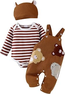 Baby Boy Clothes Newborn Striped Romper Fall Outfits + Infant Cartoon Suspender Overall + Cute Hat 3 Pcs 0-18 Months