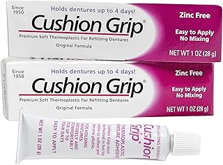 Cushion Grip Thermoplastic Denture Adhesive – Refits & Tightens Dentures, Works Like a Denture Reliner for Secure Fit & Comfort, Holds Up to 4 Days, Glue-Free, Waterproof & Zinc-Free, 1oz (Pack of 2)