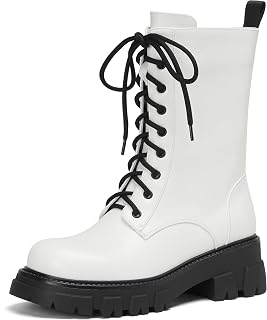 Women Harness Motorcycle Biker Boots Steampunk Combat Boots Chunky Mid Calf Goth Boots Lug Sole Lace up Side Zipper
