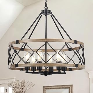 22" Farmhouse Chandeliers for Dining Room, 6-Light Rustic Wood Grain Drum Chandelier, Modern Industrial Hanging Light Fixtures for Kitchen Island, Entryway, Foyer, Hallway, E26