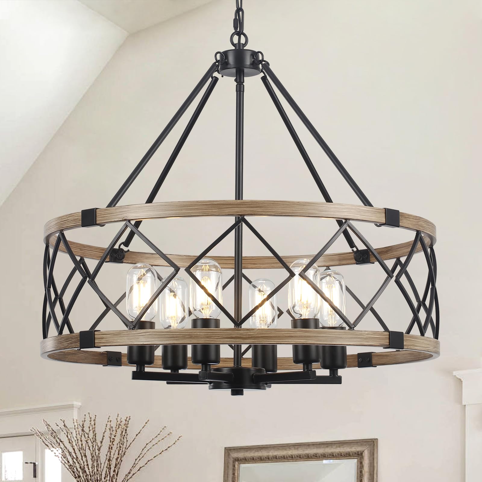 22" Farmhouse Chandeliers for Dining Room, 6-Light Rustic Wood Grain Drum Chande