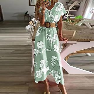 Women's Summer Floral Print V Neck Short Sleeve Dress (Without Belt)