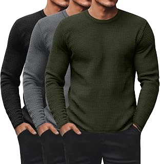 Ficerd Pack of 3 Men's Thermal Sweaters Waffle Long Sleeve Crew Neck Thermal Underwear Casual Pullover