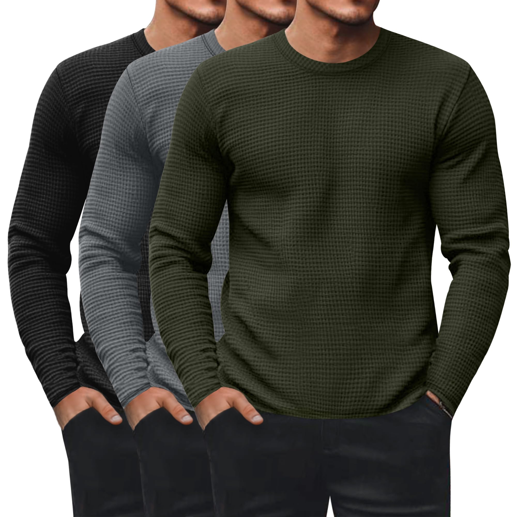 Ficerd Pack of 3 Men's Thermal Sweaters Waffle Long Sleeve Crew Neck Thermal Und