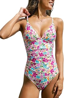 CUPSHE Women One Piece Swimsuit Deep V Neck Adjustable Straps Ruched Front