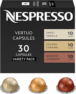 Nespresso Vertuo, Barista Flavored Pack, Medium Roast, 30-Count Coffee Pods | Medium-Roast Coffee Capsules, Caramel, roasted hazelnut and sweet vanilla flavors