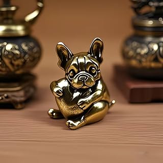 Brass Pug Holding Heart Figurine Solid Brass Dog Statue Cute Animal Vintage Decoration Mini Desktop Collectible Home Office Decoration