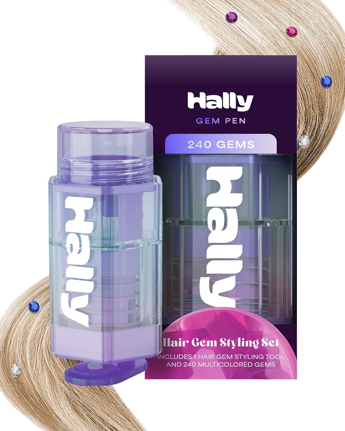 Hally Hair Gem Pen Kit with 240 Stick-On Hair Gems and Stamper Tool | Easy to ap