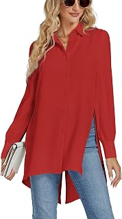 LYANER Womens V Neck Split Hem Button Up Long Blouse