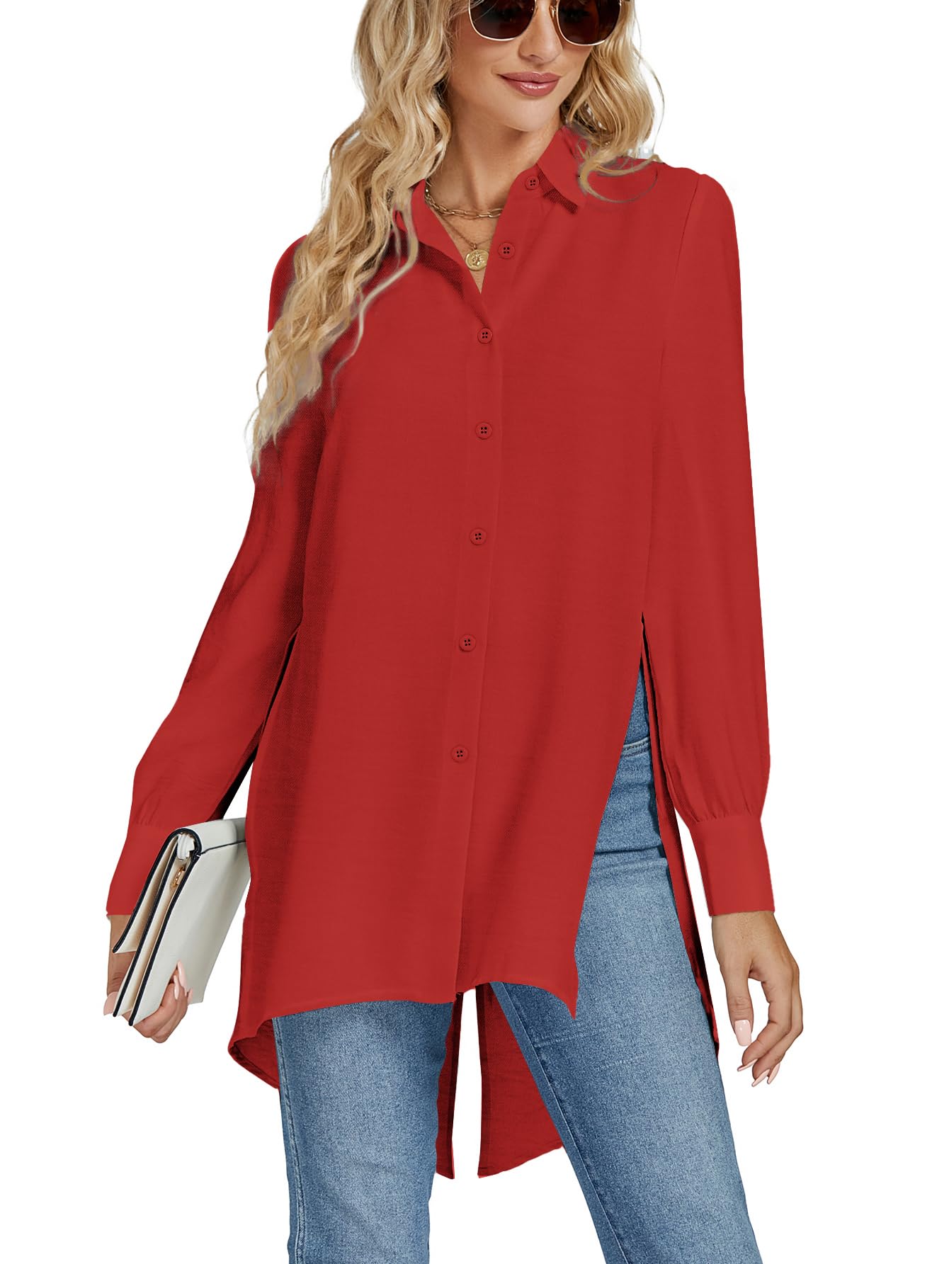 LYANER Womens V Neck Split Hem Button Up Long Blouse