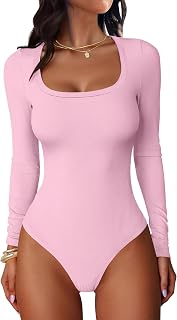 ANRABESS Bodis de manga larga con cuello redondo para mujer, para otoño, ajustado, de punto acanalado, sexy, suave, básico, a la moda