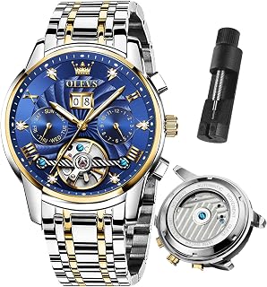 OLEVS Men's Automatic Skeleton Mechanical Tourbillon Self-Winding Watch Classic Diamond Dial Date Day Month Stainless Steel Waterproof Luminous Watch(Green/Blue/Gold