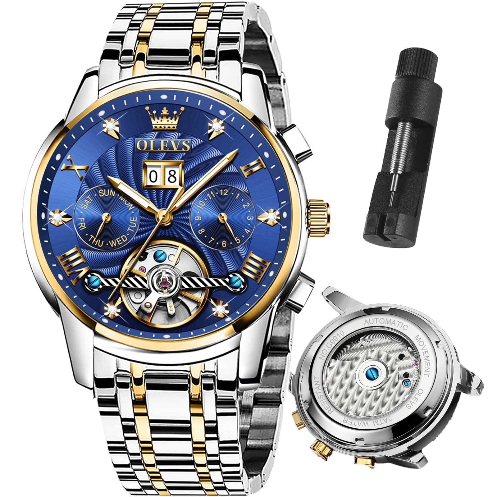 OLEVS Men's Automatic Skeleton Mechanical Tourbillon Self-Winding Watch Classic 