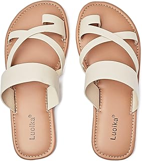 Luoika Flat Sandals for Women Wide Width Flip Flop Slides Casual Strap Slip On Summer Beach Shoes for Women