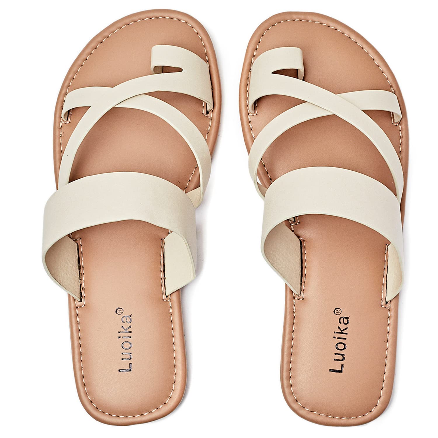 Luoika Flat Sandals for Women Wide Width Flip Flop Slides Casual Strap Slip On S