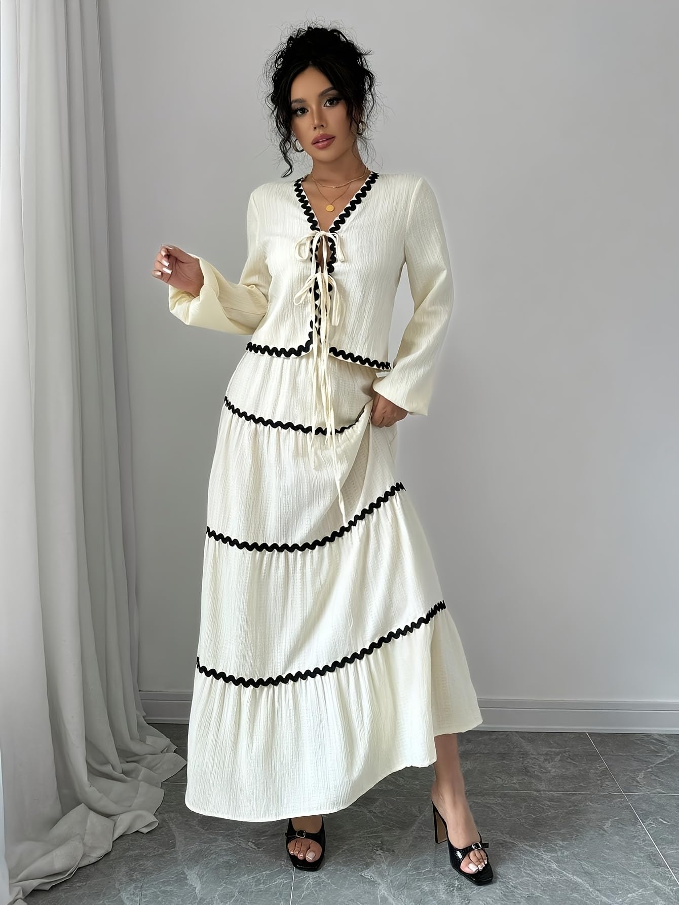 Two piece long sleeve maxi dress with ruffle trim and bow at neckline, elegant t