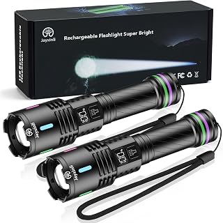 Jayxinli 2 Pack Torches LED Super Bright Rechargeable 1000000 Lumen | Tactical Torch with LCD Display, 3 Lighting Modes and Adjustable Beam Long-Lasting Battery for Camping, Adventure, Home Use