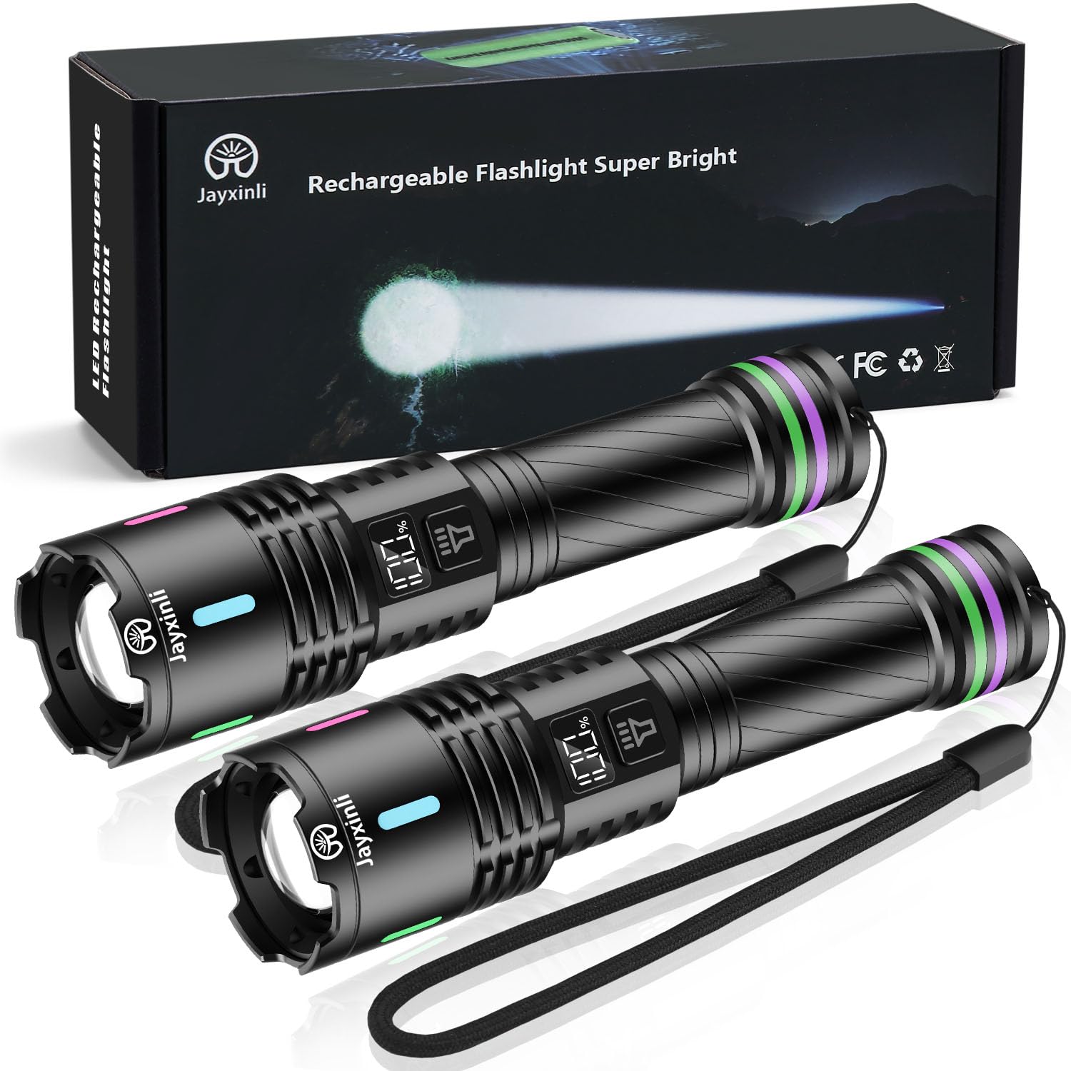 Jayxinli 2 Pack Torches LED Super Bright Rechargeable 1000000 Lumen | Tactical T