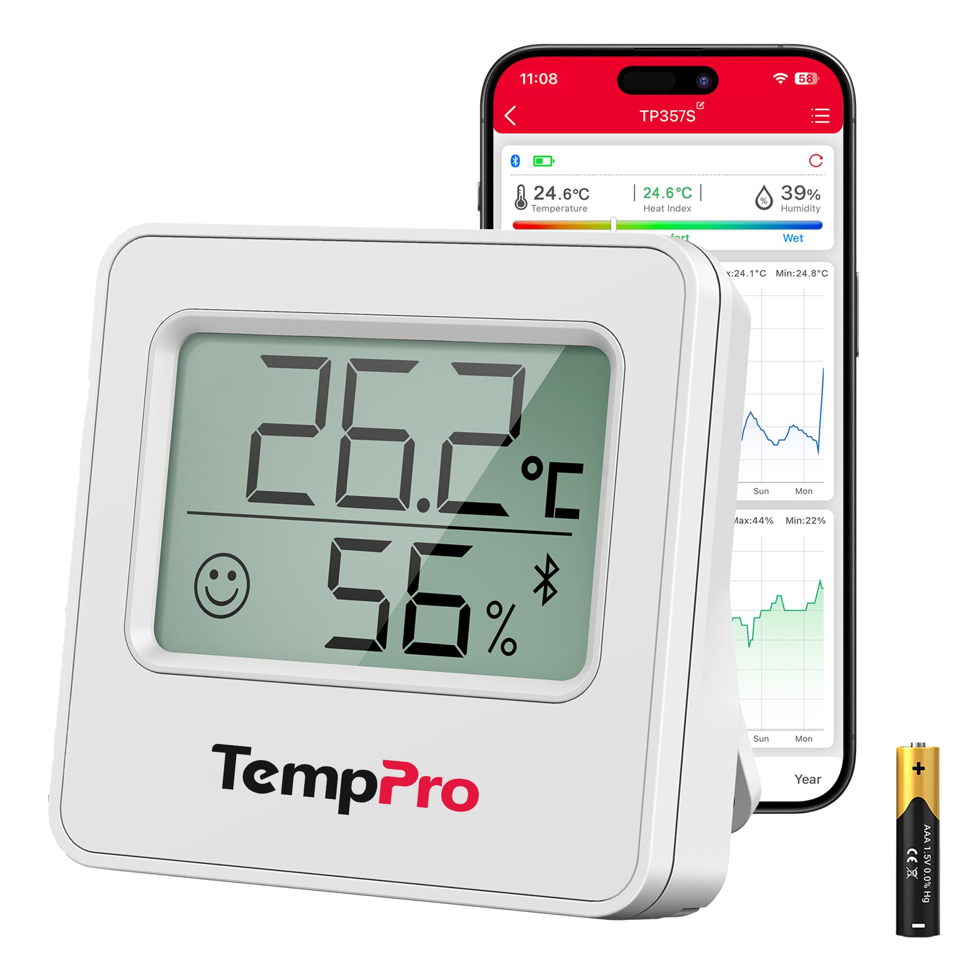 TempPro TP357 Bluetooth Hygrometer, Mini Room Thermometer with Alerts | Humidity