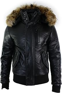 Men's Real Leather Padded Jacket with Fur Hood