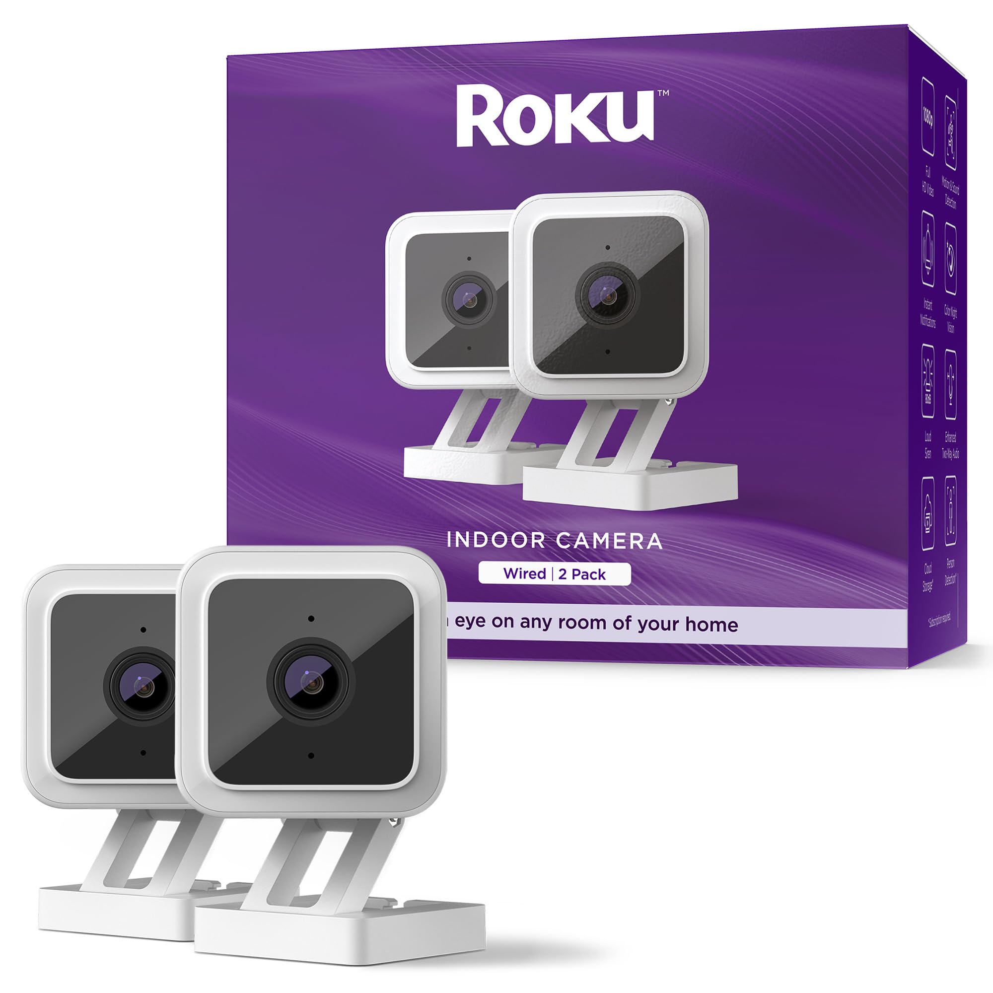 Roku Indoor Camera for Home Security, 2-Pack - Wired Security Camera with 1080p 