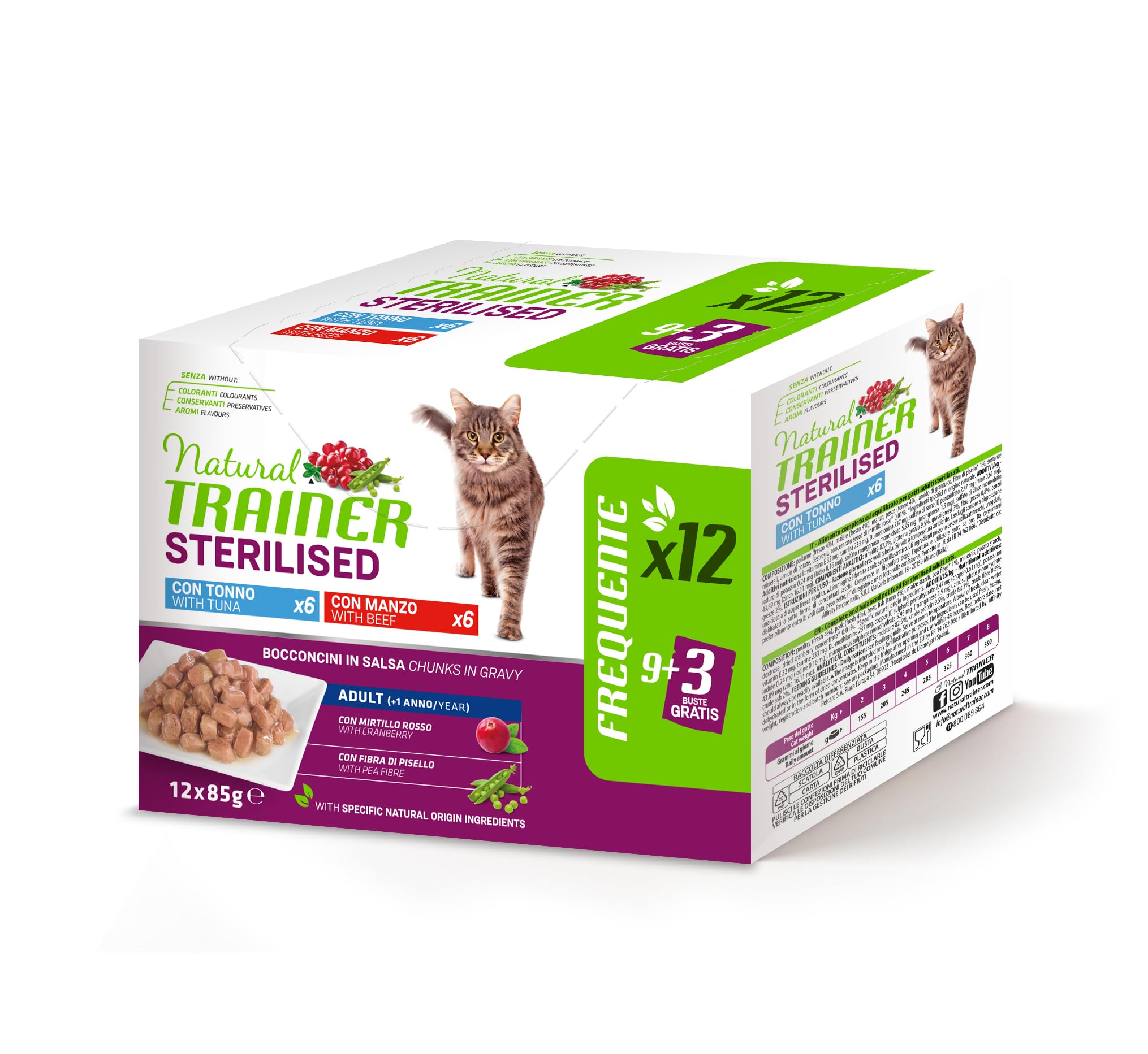 Natural Trainer Wet Food for Adult Cats Sterilized, Multipack Tuna and Beef 12 x