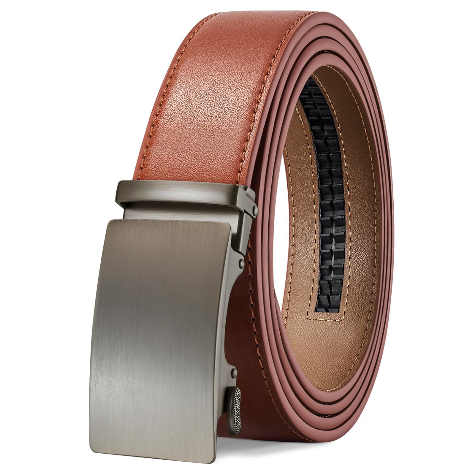 Tangchao Men's Leather Belt with Ratchet, Automatic Buckle, Business Suit Belt, 