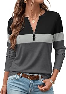 ORANDESIGNE Women's Long Sleeve Shirts Color Block Zipper Tops Tunics Casual Fall Ladies Tees