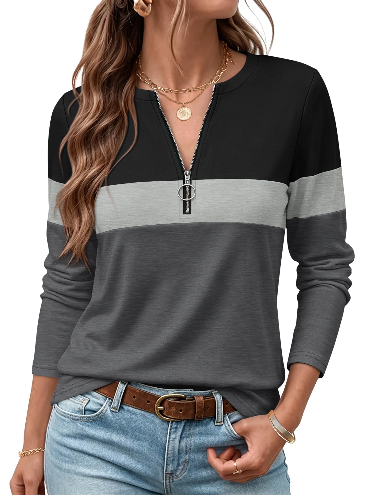 ORANDESIGNE Women's Long Sleeve Shirts Color Block Zipper Tops Tunics Casual Fal