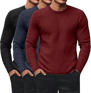 Ficerd Pack of 3 Men's Thermal Sweaters Waffle Long Sleeve Crew Neck Thermal Underwear Casual Pullover