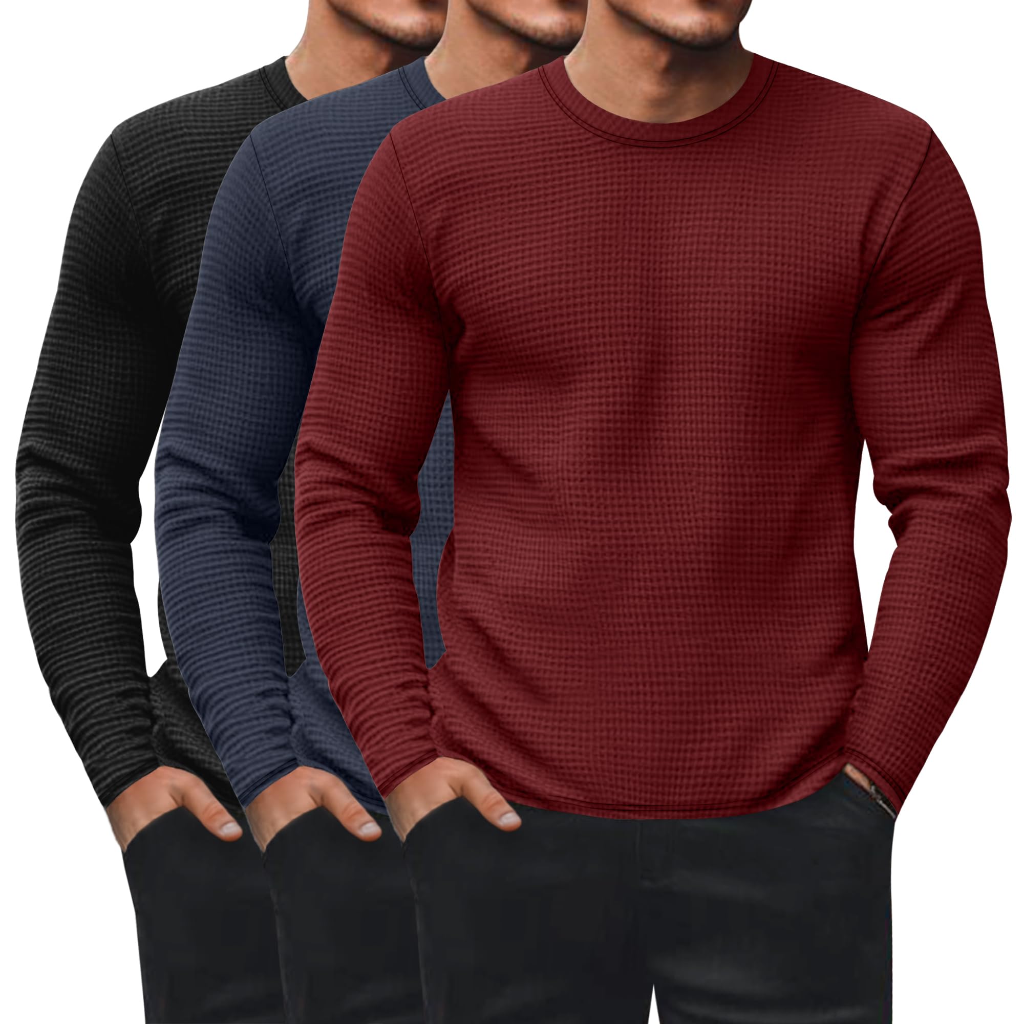 Ficerd Pack of 3 Men's Thermal Sweaters Waffle Long Sleeve Crew Neck Thermal Und