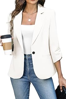 ELLEVEN Women's Ruched 3/4 Sleeve Blazer, Lightweight Fitted Jacket