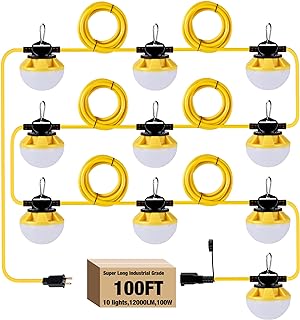 G GJIA 100FT Construction String Lights, IP65 Waterproof ETL Certified LED String Work Lights, 5000K Daylight 18AWG Wire Linkable Temporary Construction Lighting for Jobsite with 10 Bulbs & Hooks