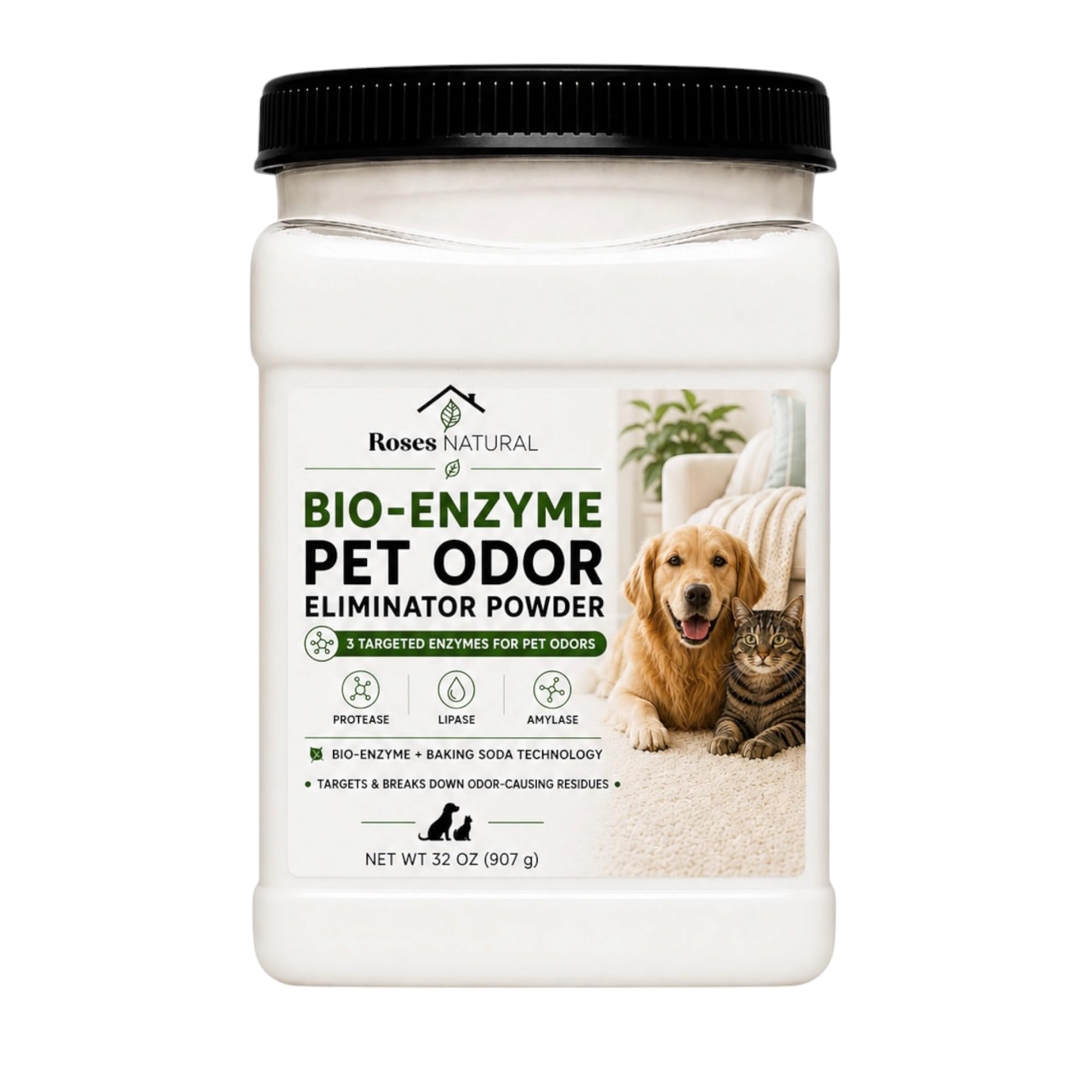 Roses Natural Bio-Enzyme Pet Odor Eliminator Powder, Plant-Based, 32 (Fragrance 