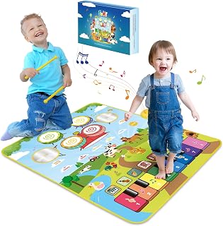 FOKI 3-in-1 Floor Piano Mat, Musical Toys for Toddlers 1-3, Baby Music Mat | 35.4 x 27.6 in Sensory Toy, 3 Sound Channels, 200-Note Record & Playback, 8 Music Cards, Gifts for 1 Year Old Boys & Girls
