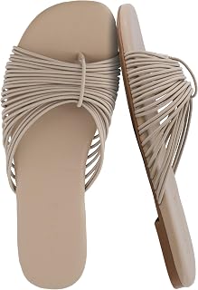 CUSHIONAIRE Lanky Strappy サンダル レディース トレンディ マルチストラップ スクエアトゥ フラットスライド レディース サンダル クッションフットベッド, トープ, 9.5